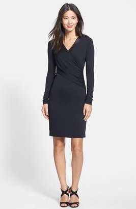 Nicole Miller 'Thea' Leather Trim Gathered Body-Con Dress