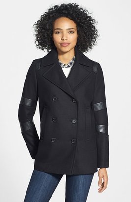 DKNY Faux Leather Trim Wool Blend Peacoat