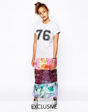 ASOS Milk It Vintage T-Shirt Dress With Mixed Floral Panels & Varsity Number - Multi