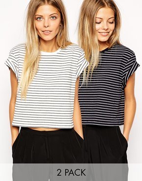 ASOS Cropped Boyfriend T-Shirt with Roll Sleeve in Stripe 2 Pack