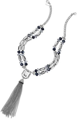 INC International Concepts Silver-Tone Blue Crystal Two-Row Tassel Necklace
