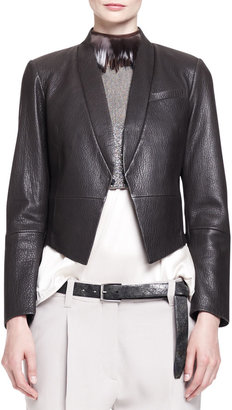 Brunello Cucinelli Pebbled Leather Cropped Tux Jacket with Pockets