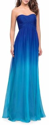 La Femme Ruched Ombre Chiffon Strapless Gown
