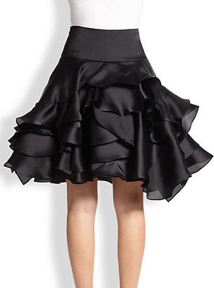 Milly Tara Silk Satin Tiered-Ruffle Skirt