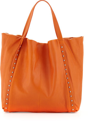 Neiman Marcus Stud-Trimmed Slouchy Italian Leather Tote Bag, Bright Orange