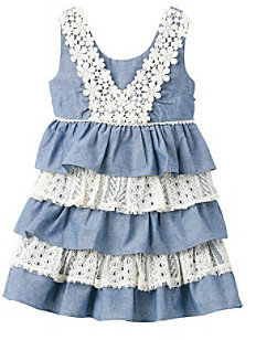 Bonnie Jean Girls' 2T-4T Blue Sleeveless Tiered Chambray and Lace Dress