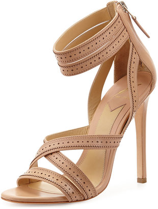 Brian Atwood Lucila Perforated Strappy Leather Sandal, Nude
