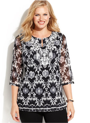 INC International Concepts Plus Size Embroidered Printed Top