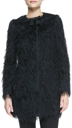 RED Valentino Fuzzy Coat with Faille Bow, Black