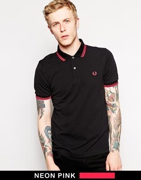 Fred Perry Soho Neon Polo with Neon Pink Tipping Slim Fit - Black