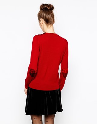 Love Moschino Long Sleeve Round Neck Sweater with Heart Elbow Patches