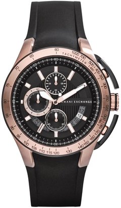 Armani Exchange Black Dial Rose Gold IP Plated and Black Silicon Strap Mens Watch