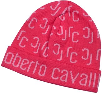 Roberto Cavalli All Over Logo Brim Knit Wool Skull Cap