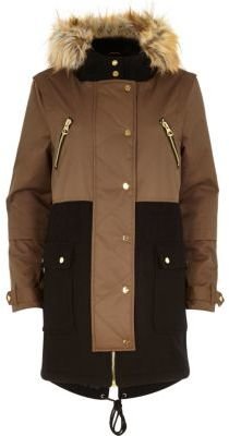 River Island Khaki faux fur trim woollen parka jacket
