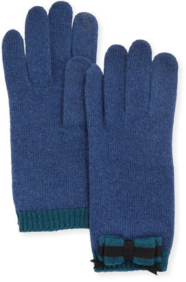 Portolano Cashmere-Blend Bow Tech Knit Gloves, Denim/Dark Teal