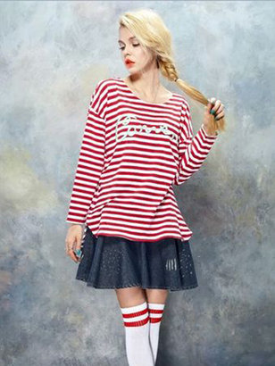 Choies ELF SACK Red Stripes T-shirt with Embroidery Letter Front