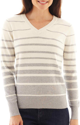 ST. JOHN'S BAY St. Johns Bay Long-Sleeve V-Neck Striped Sweater