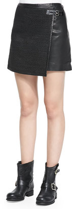 Richard Chai Andrew Marc x Woven Leather Mini Wrap Skirt, Black