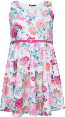 Yours Clothing White & Pink Floral Print Skater Dress With Pink Patent Belt