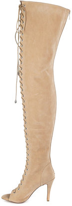 PeepToe Camel Lace-up Over Knee Suede Boots With Peep-toe