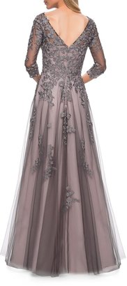 La Femme V-Neck 3/4-Sleeve Tulle Gown w/ Lace Applique