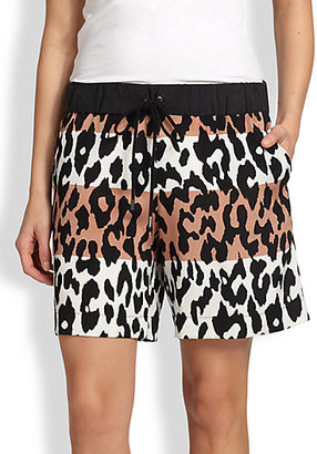 Derek Lam 10 Crosby Stretch Silk Colorblock Leopard-Print Shorts