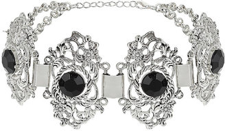 Topshop Freedom at 100% metal. Antique silver look filigree section choker with black opaque stone, unfastened length 12 inches with 3 inch extension chain.
