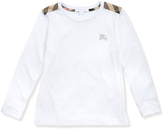 Burberry Check-Shoulder Long-Sleeve Tee, White, 4Y-10Y