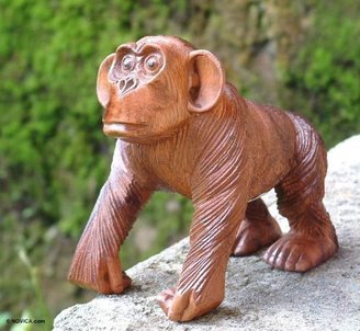 Novica Wood statuette, 'Curious Chimp'