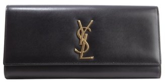 Saint Laurent black leather 'Cassandre' logo emblem detail clutch