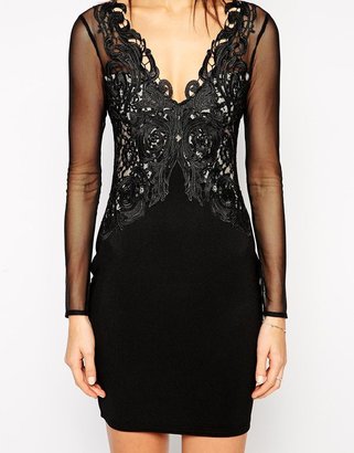 Lipsy Michelle Keegan Loves Lace Applique Bodycon Dress With Mesh Detail