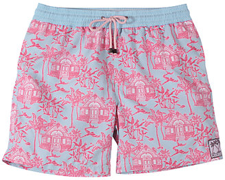 Mustique Pink House Toile Print Swim Shorts, Pink/Blue