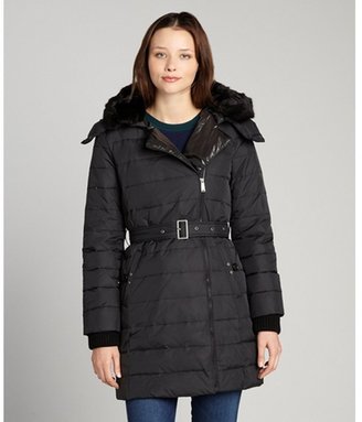 DKNY black quilted down-filled woven with asymmetrical zipper and fur trim three quarter coat