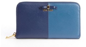 Prada navy and cobalt blue leather bow tie accent continental wallet