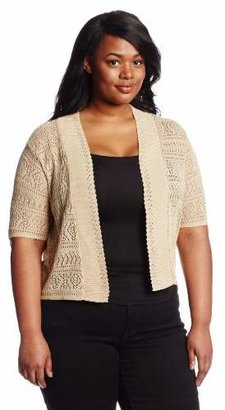 Leo & Nicole Women's Plus Size Elbow Sleeve Scallop Collar Pointelle Shrug Sweater