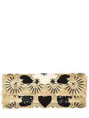 Laurence Heller Embroidered Sequins Cotton Straw Clutch