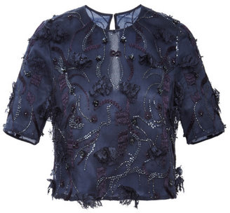 Monique Lhuillier Embroidered Short Sleeve Top Midnight