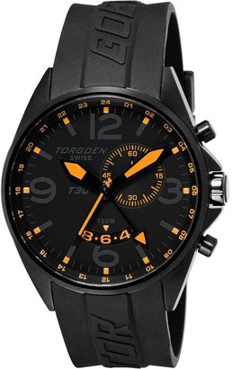 Torgoen Swiss Men's Analogue Watch T30304 with GMT, Alarm, Big Date, Black/Amber Dial and Black PU Strap
