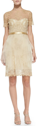 Notte by Marchesa 3135 Notte by Marchesa Short-Sleeve Lace & Tulle Cocktail Dress