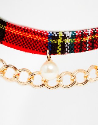 ASOS Tartan Choker Necklace with Faux Pearl