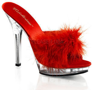 Pleaser USA Lip-101-8 Womens Red Marabou Feather Slide In Open Toe 5 Inch High Heels Low Platform Slippers Evening Bedroom Shoes