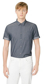 Calvin Klein Jeans Men's Faded Navy Short Sleeve Chambray Button-Down Shirt