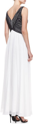 Aidan Mattox Sleeveless V-Neck Combo Gown, Black/White