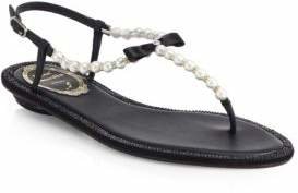 Rene Caovilla Crystal & Faux Pearl Leather Sandals