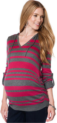 Motherhood Maternity Tab-Sleeve Hooded Striped Sweater