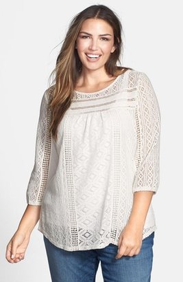 Lucky Brand 'Tanya' Lace Knit & Jersey Top (Plus Size)