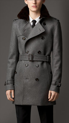Burberry Mid-Length Fur Collar Cashmere Trench Coat