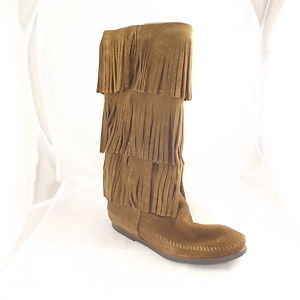 Minnetonka WOMENS CALF HIGH LAYER FRINGE BOOTS DUSTY BROWN SUEDE - Size 5