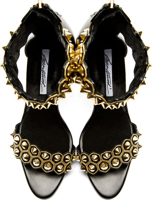 Brian Atwood Black Leather Stud & Chain Embellished Heels