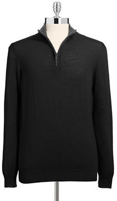 Black Brown 1826 Merino Wool Quarter Zip Mock Neck Pullover-BLACK-Small